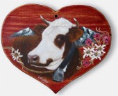 Coeur en bois peint  - Vache "Abondance".