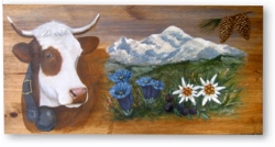 Tableau sur bois - Vache "Abondance & Mt Blanc"