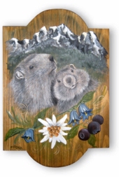 Tableau sur bois - La marmotte et son petit.
